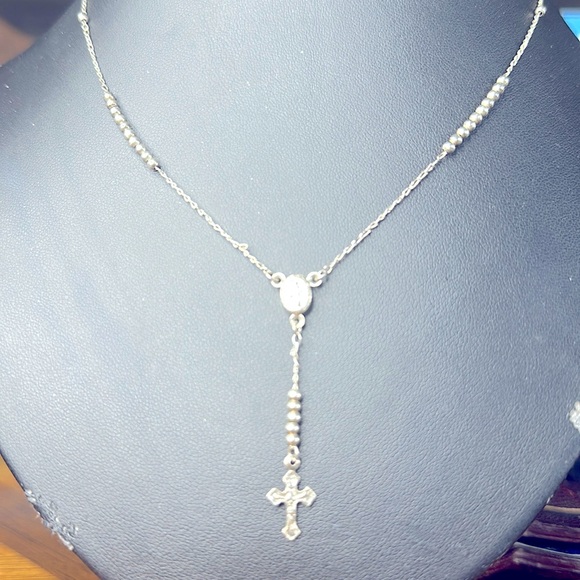 Plain Bead Rosary Rosario Chain Necklace Sterling Silver Italy - Picture 1 of 5